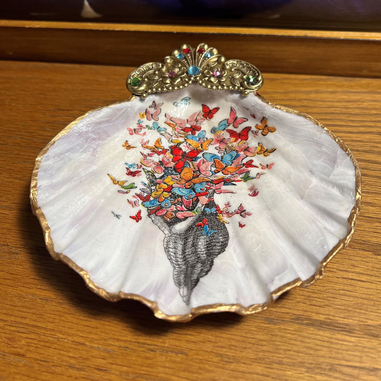 Clam Shell Dish, Decoupage Clam Shell, Ring Dish, Flowers, Clam