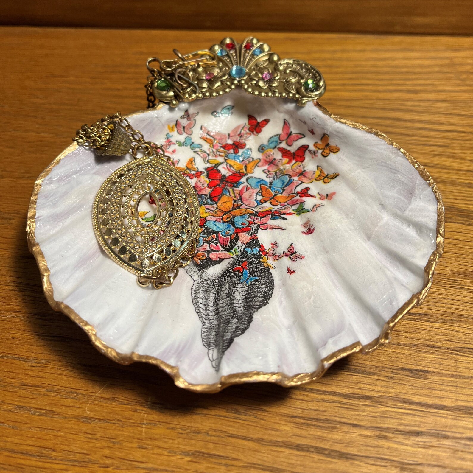 Clam Shell Dish, Decoupage Clam Shell, Ring Dish, Flowers, Clam