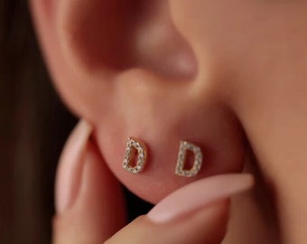 18k Gold Alphabet Earring, CZ Stud initial Earring, Alphabet Stud, Silver Letter Earring, Initial stud, Initial earring, Gold stud, Gifts