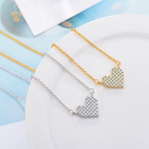 Pixel Heart Charm Necklace, Dainty Necklace, Tiny Heart Necklace, Tiny Minimalist Necklace, Bridesmaid Gift, Modern Necklace, Tiny Heart