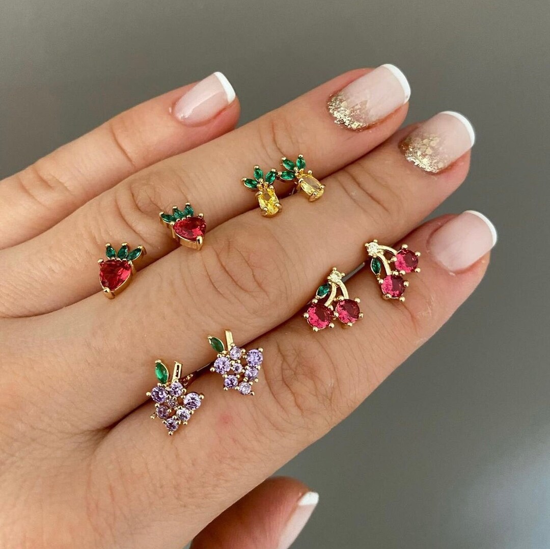 Dainty Fruit Stud Earrings, Studs Fruits Earring, Dainty Crystal Fruit