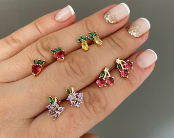 Dainty Fruit Stud Earrings, Studs Fruits Earring, Dainty Crystal Fruit Earring, Colorful Ring with Fruit Design, Minimalist Summer Earrings