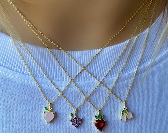 18K Gold Plated Necklace,Crystal Fruit Pendant,Sterling Silver Jewelry,Minimalist Gifts,Gold Plated Necklace