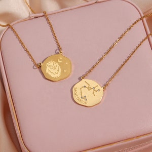 18K Gold Tarnish Free Irregular Disc Horoscope Stainless Steel Link Chain Pendant Necklace