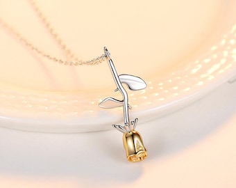 Collier pendentif en or 18K, Bijoux rose Français, Collier de fleurs de rose vintage, Cadeau pour maman, Collier de rose délicat, Collier de fleurs minimaliste