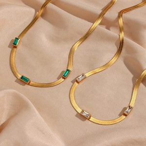 18K Gold Minimalist Zircon Charm Choker Necklace 18 K gold snake chain , Herringobone gold choker Gold Chain Choker Snake Chain Necklace