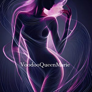 Può includere: Un'illustrazione digitale di una silhouette femminile con linee di luce rosa e viola che scorrono. Il testo "VoodooQueenMarie" è in basso nell'immagine.