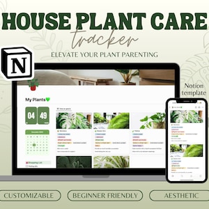 House plants care tracker - Greenery Notion template - Beginner friendly Gardening planner - Plant parent notion planner - Digital download