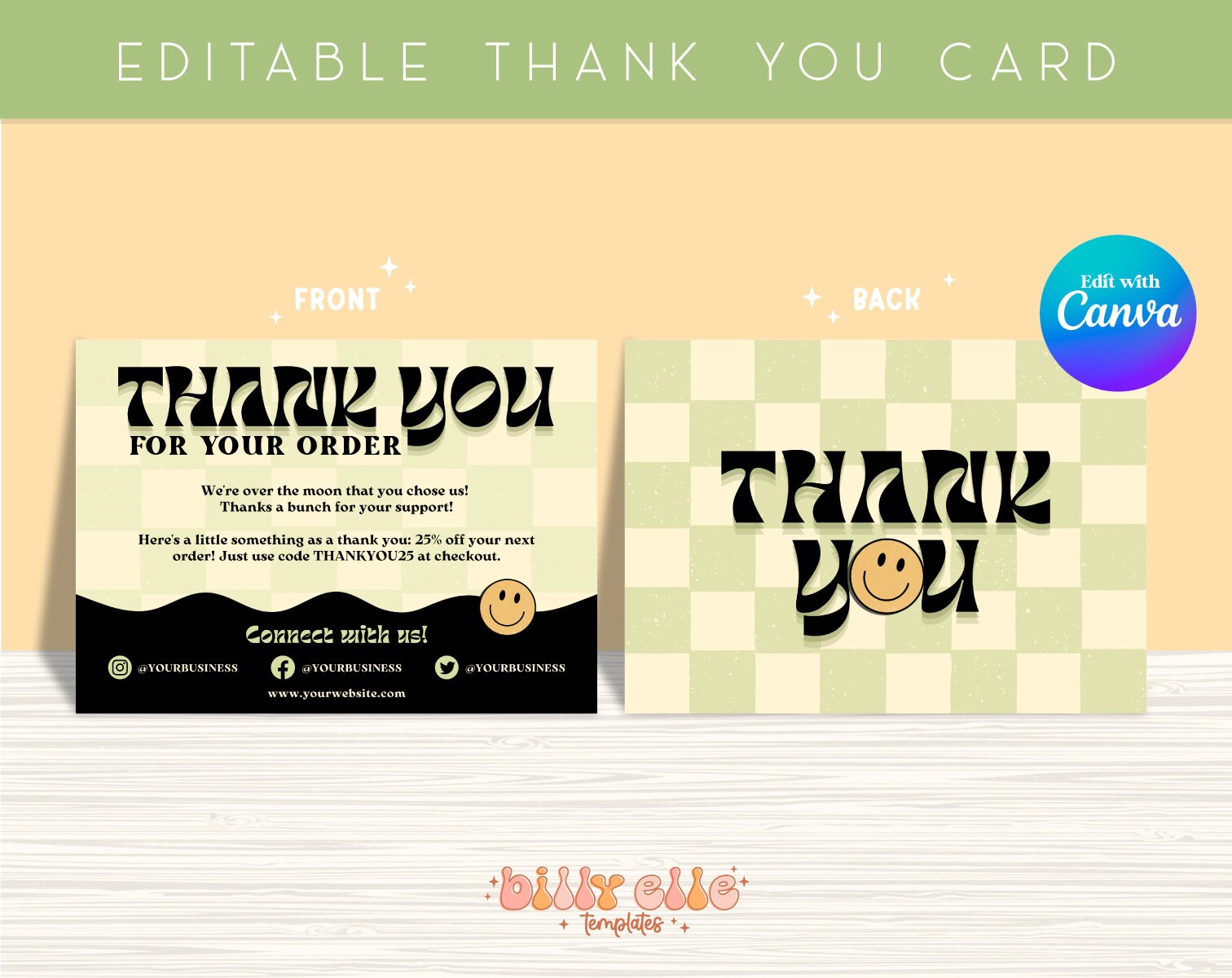 Groovy Green Checkered Thank You Card Canva Template - Small Business ...