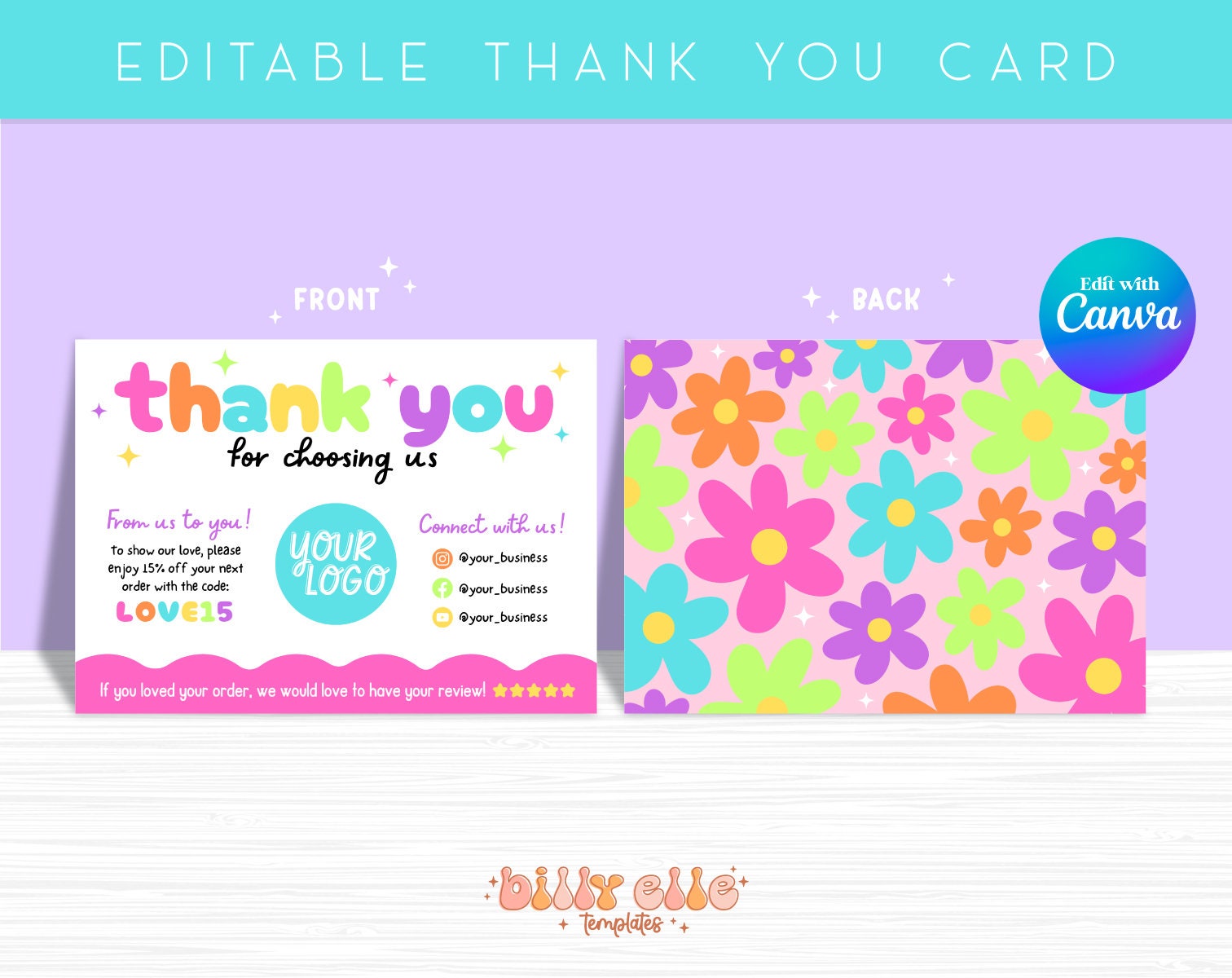 Rainbow Flowers Colorful Thank You Card Canva Template - Small Business ...