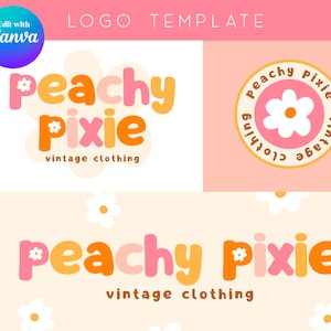 May include: Peachy Pixie vintage clothing logo design featuring a peach, pink and orange colour scheme. The logo includes a stylised flower with a white centre and yellow petals. The text "Peachy Pixie" is in a playful, rounded font.