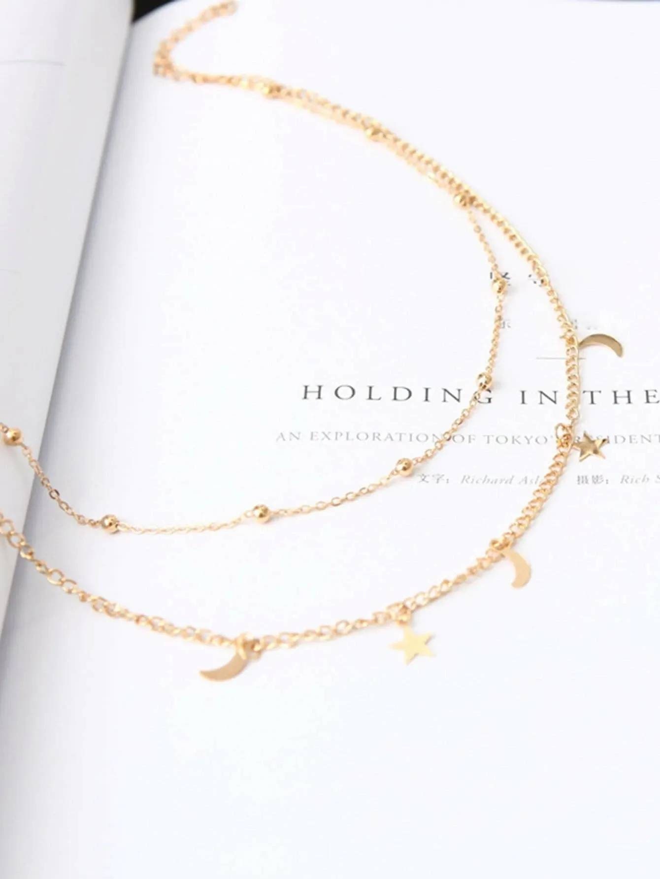 Star Moon Charm Necklace - Gold
