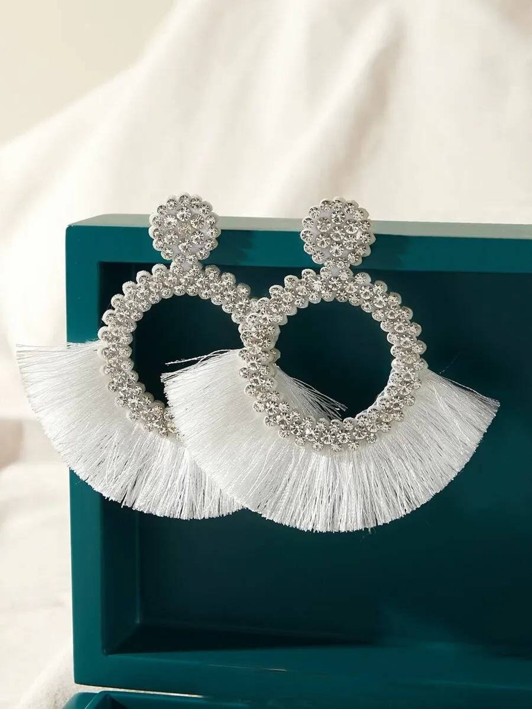 White Rhinestone Tassel Decor Drop Earrings White Tassel Etsy