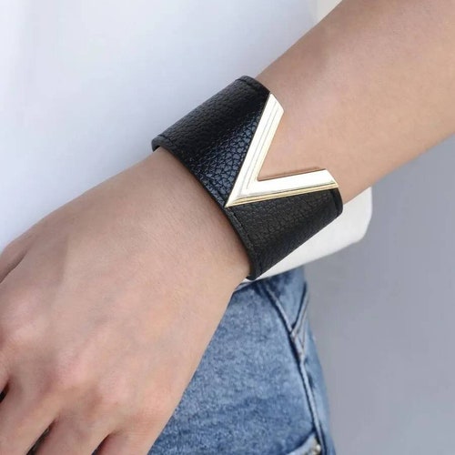 Casual Black and Gold Vshaped Metal Detail PU Leather Etsy