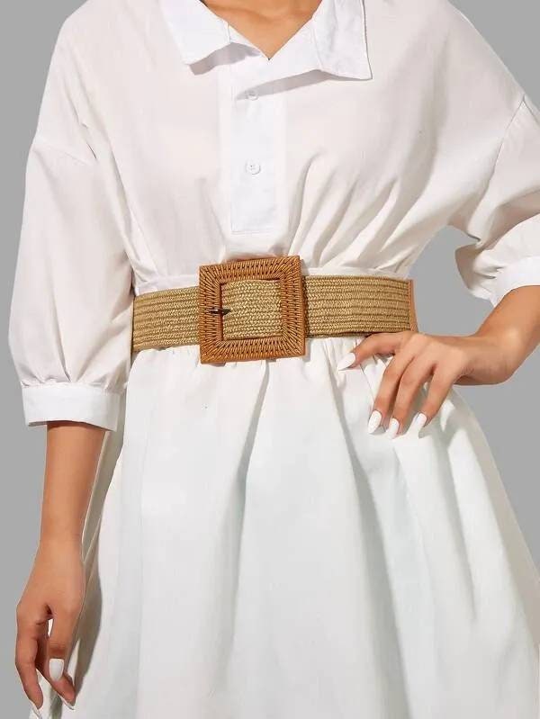 SATINIOR 2 Pieces Women Straw Woven Elastic Stretch Waist Belt Skinny Dress Braided Waist Belt with Wooden Style Buckle