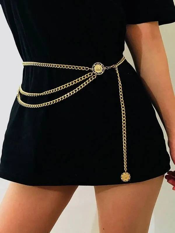 Gold Metal Bag Thin Women Belt Elegant Shiny Tassel Long Chain