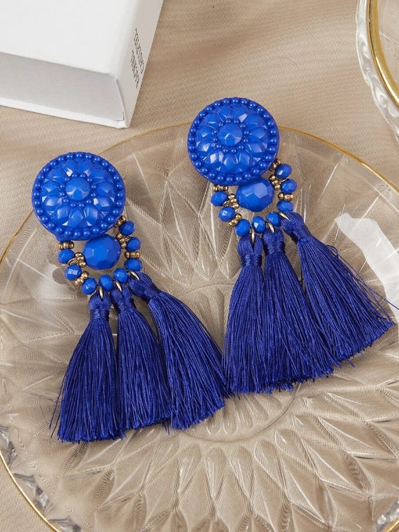 Blue Tassel Earrings Beaded Blue Earrings Blue Fringe Earrings
