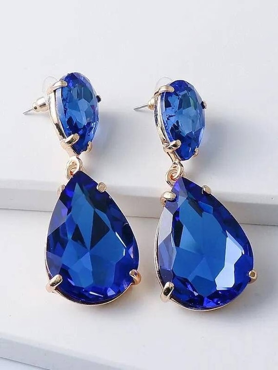 Crystal Royal Blue Teardrop Earrings Royal Blue Earrings Blue