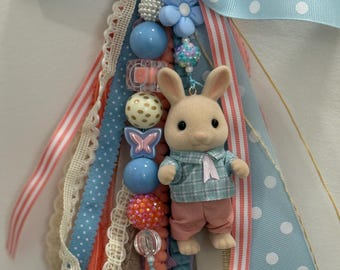 Calico Critters Milk Rabbit Father Bag Charm | Cottagecore Bunny Tassel Accessory