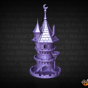 May include: A purple 3D printed miniature tower with a pointed roof and a crescent moon on top. The tower has multiple levels and windows. The base of the tower is a circular platform with a decorative design. The tower is a miniature model for tabletop games.