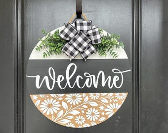 Front Door | Welcome Floral | Black | Front Door Wreath | Door Hanger | Door Wreath | Housewarming Gift | Closing Gift | Home Decor