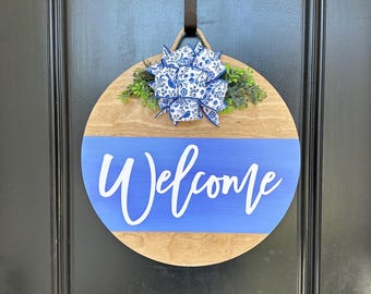 Front Door | Welcome | Periwinkle Stripe | Front Door Wreath | Door Hanger | Door Wreath | Housewarming Gift | Closing Gift | Home Decor