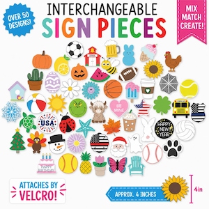 May include: A collection of interchangeable sign pieces featuring over 50 colorful icons including sports balls, seasonal items, animals, and holiday symbols. The pieces attach with Velcro and measure approximately 4 inches in height as shown.