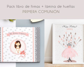 Libro de firmas bailarina niña y lámina de huellas ballet para invitados, conjunto recuerdo de Primera Comunión, Regalo Comunión para niña.