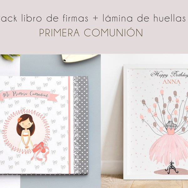 Libro de firmas bailarina niña y lámina de huellas ballet para invitados, conjunto recuerdo de Primera Comunión, Regalo Comunión para niña.