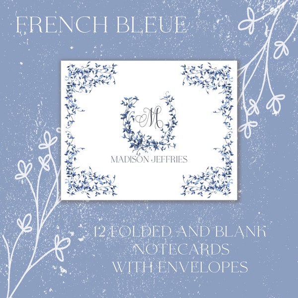 Stunning French Bleue Notecards - Blank Inside, Pick from Single or 12-Card Set, Customizable, Artistic Watercolor Florals