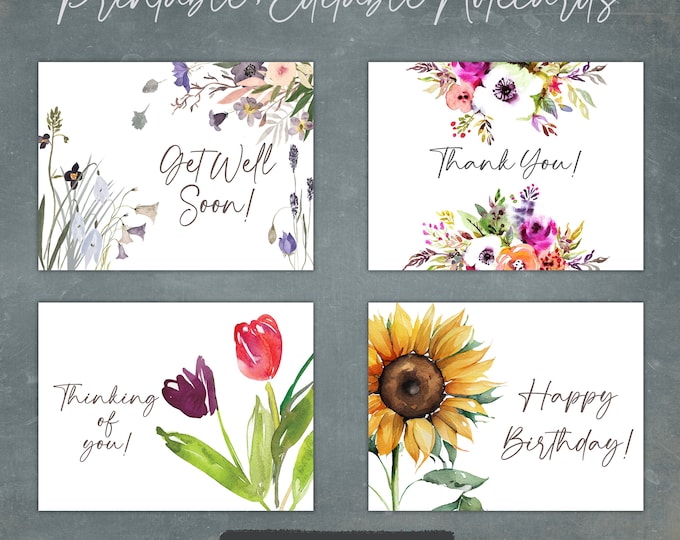 Folded Printable and Editable Notecards, Note Card, Blank Notecards, Printable Cards, Editable ...