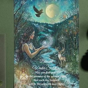 Biglietto d&#39;auguri stampabile per il Solstizio d&#39;Inverno o Yule, pieghevole e con un solo lato. Download digitale immediato. La magia del Solstizio d&#39;Inverno.