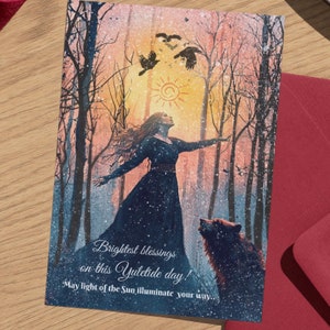 Printable Yuletide, Winter Solstice greeting card, foldable & single side. Instant digital download. Yuletide scene, a girl with a bear.