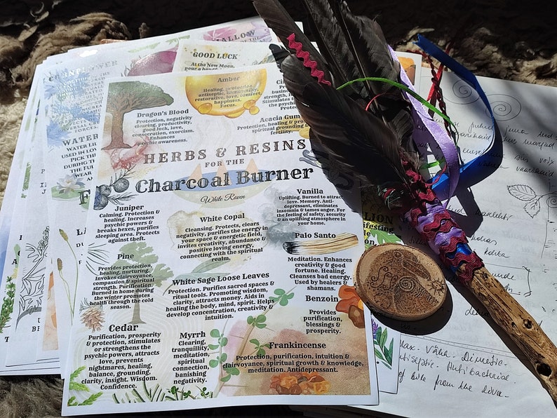 May include: A set of cards with illustrations and descriptions of herbs and resins for use in a charcoal burner. The cards are printed on white paper with a watercolor style. The cards are arranged in a stack with the top card showing the title "HERBS & RESINS FOR THE CHARCOAL BURNER".