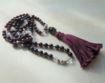 Prayer Mala Beads Necklace, Knotted, 108 Beads and Guru Bead, Garnet, Clear Quartz, Lava Stone Guru Bead & Sterling Silver half-breaker bead