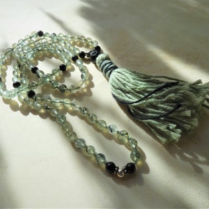 Prehnite Mala Beads, 108 6mm beads, Knotted, Prehnite, Obsidian, Lava Stone, Sterling Silver, Heart Chakra, Meditaion, Spiritual Gift