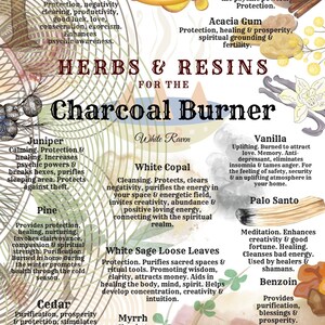 May include: A colorful chart with the title "HERBS & RESINS FOR THE CHARCOAL BURNER" lists various herbs and resins with their properties and uses. The chart is decorated with images of the herbs and resins, including dragon's blood, amber, cinnamon, acacia gum, juniper, pine, white copal, white sage, cedar, myrrh, vanilla, palo santo, benzoin, and frankincense.