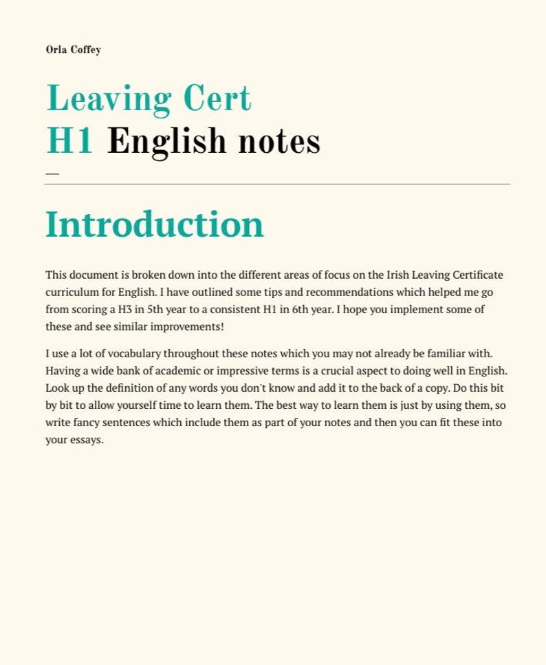 English Leaving Cert H1 Notes Etsy