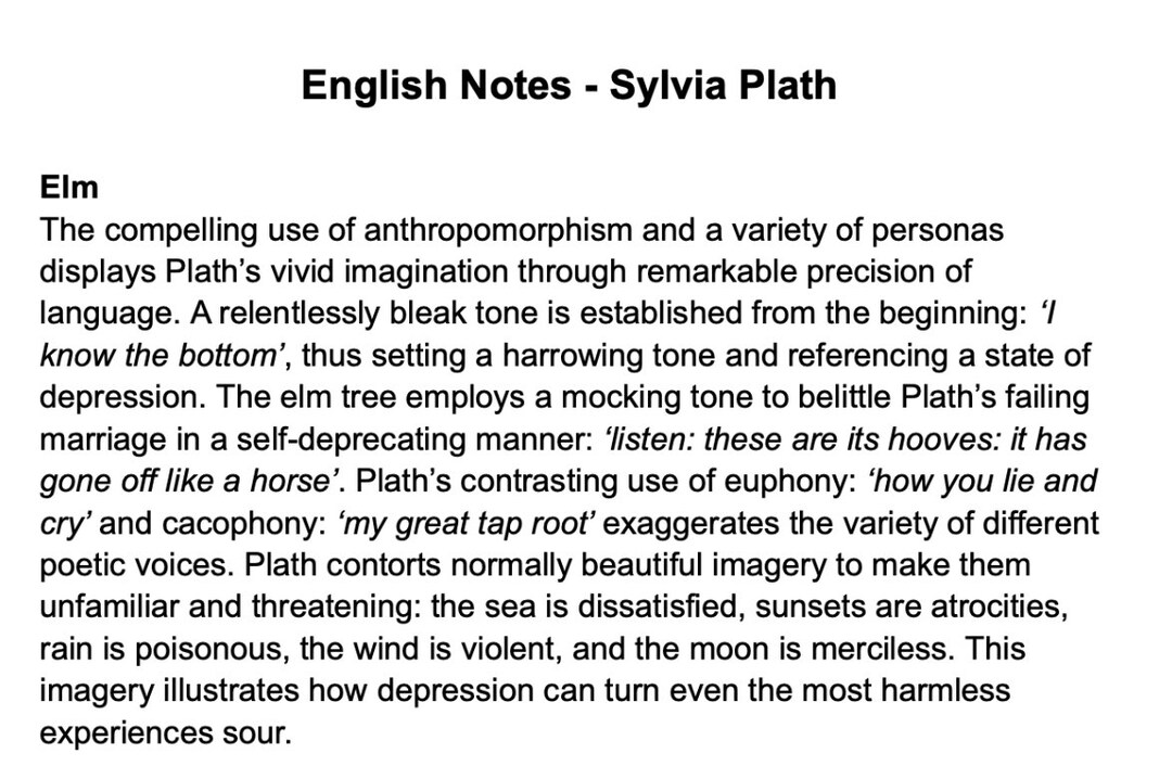 Leaving Certificate English Sylvia Plath Poetry Notes Etsy