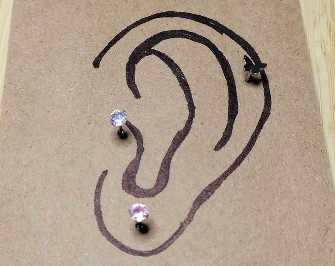 SET OF 3 Ear Piercing Earings: Butterfly, October Birthstone, Pink Iridescent, Tragus, Helix, Conch, Lip piercing, Earlobe, stocking stuffer
