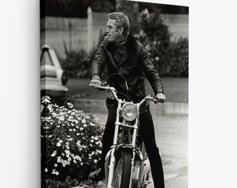 Steve Mcqueen Legend  racing Motorcycle Movie Set Print Canvas, black and white