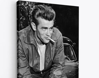 James Dean Legend leaning on car  Movie Set Print Canvas, black and white