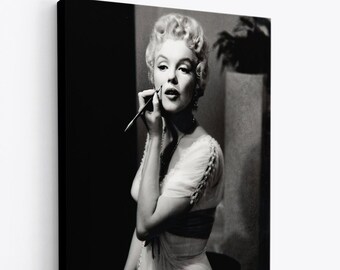 Marilyn Monroe 7 applying makeup Famous Movie Set Print Canvas,  black and white