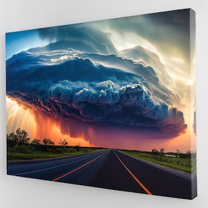 May include: A dramatic storm cloud hangs low over a straight road, with a bright orange and pink sunset in the background.
