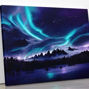 Northern Lights Iceland Mountain Scene with lake and trees Brilliant Colors canvas art print wall art snow scene aurora borealis