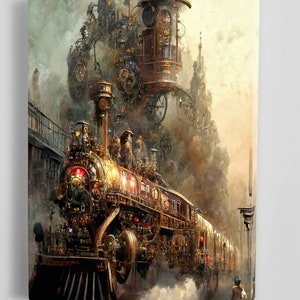 Steam punk train decor art Mechanism Engineering artwork Clock wall art Train canvas train photo Steampunk print Vintage gift machinery art
