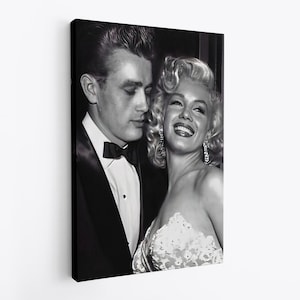 James Dean In a Tuxedo Legend and Marilyn Monroe Movie Set Print Canvas, black and white