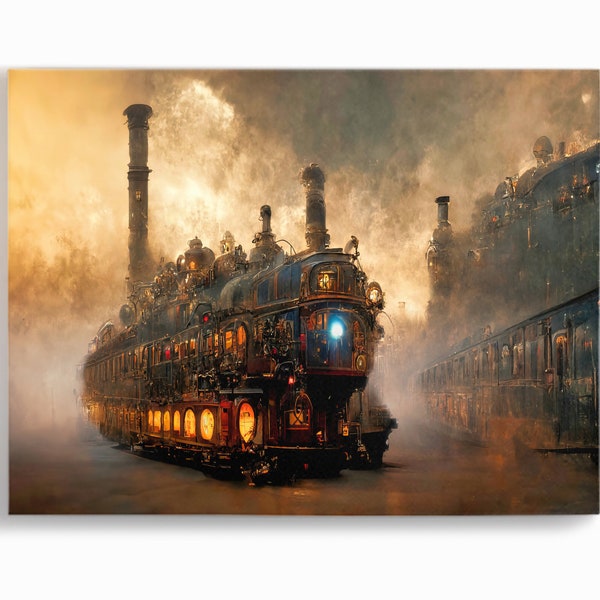 Steam punk train decor art Mechanism Engineering artwork Clock wall art Train canvas train photo Steampunk print Vintage gift machinery art