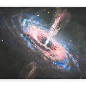 May include: A vibrant, swirling galaxy with a bright, white core and two long, colorful jets of gas extending outward. The galaxy is set against a dark, starry background.