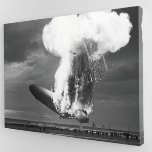 The Hindenburg Zeppelin in flames Lakehurst, New Jersey May 6, 1937, Man Cave Den Canvas, historic images, Airship, black white